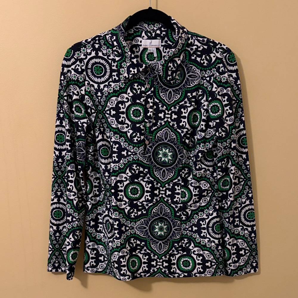 Jude Connally Navy White and Green Patterned Tunic Top Size L